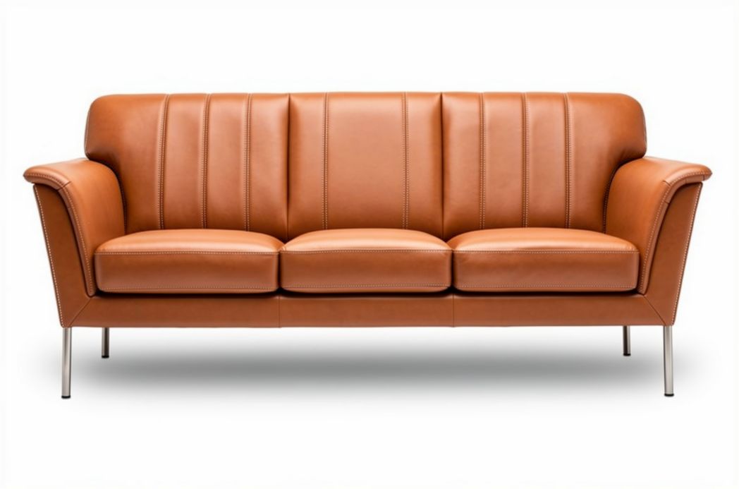 Leather three-seater sofa in brown with sleek metal legs 190 x 85 x 75cm