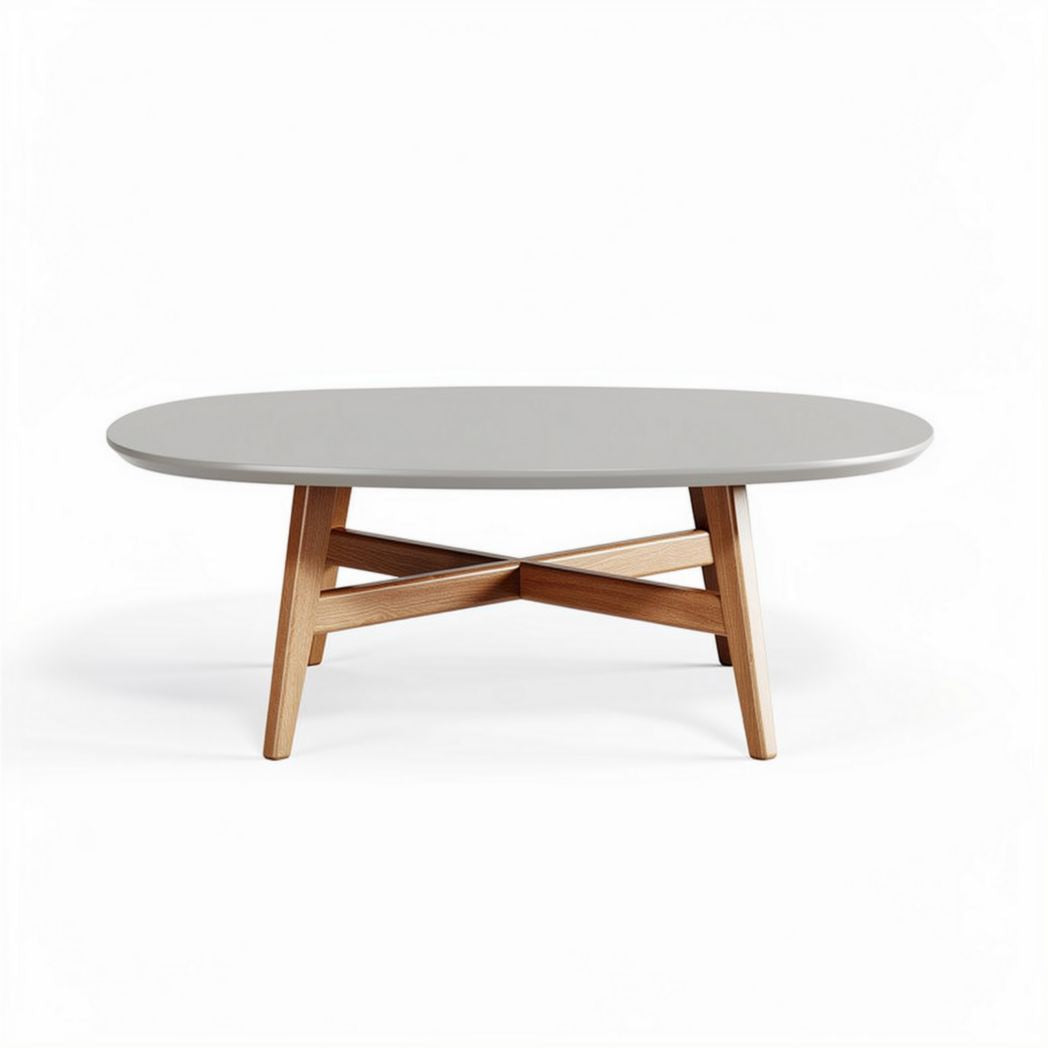 Oval coffee table with wooden legs and gray top 120 x 60 x 45cm
