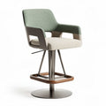 Swivel bar stool in green and beige fabric with metal frame and wood base