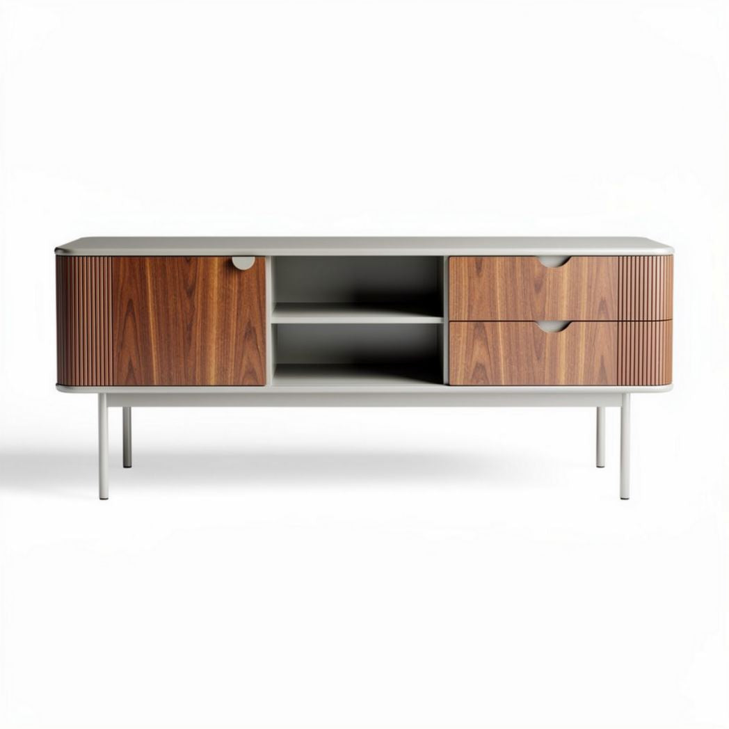 Wooden TV stand with storage compartments and drawer in natural finish 120 x 40 x 50cm