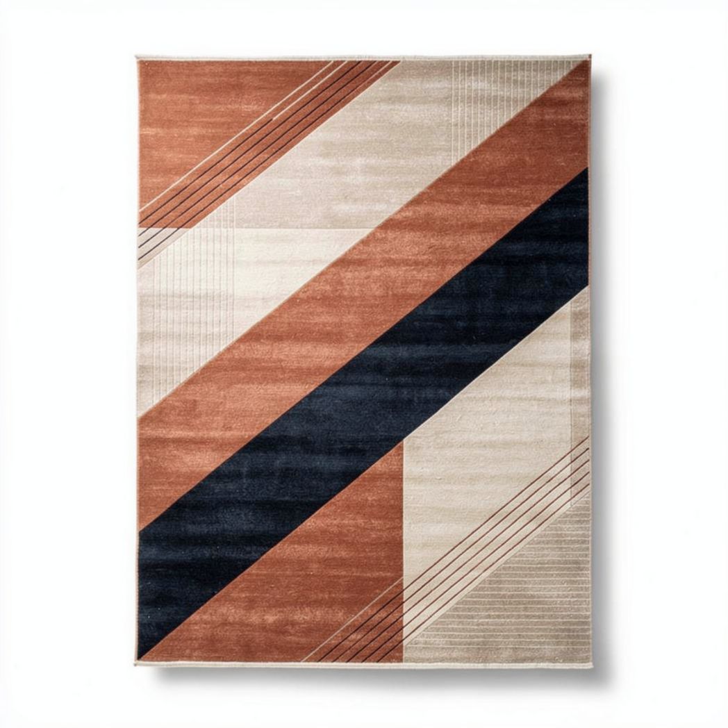 Geometric area rug in brown navy and beige 200 x 300 x 1cm