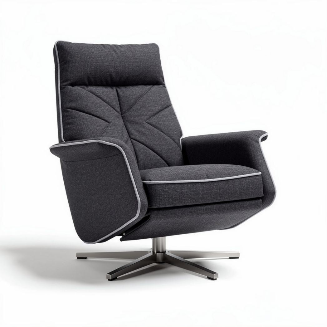 Adjustable modern lounge chair with fabric upholstery and stainless steel base