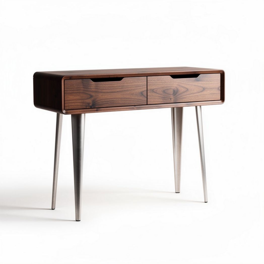 Console table with two drawers walnut finish and stainless steel legs 100 x 40 x 75cm