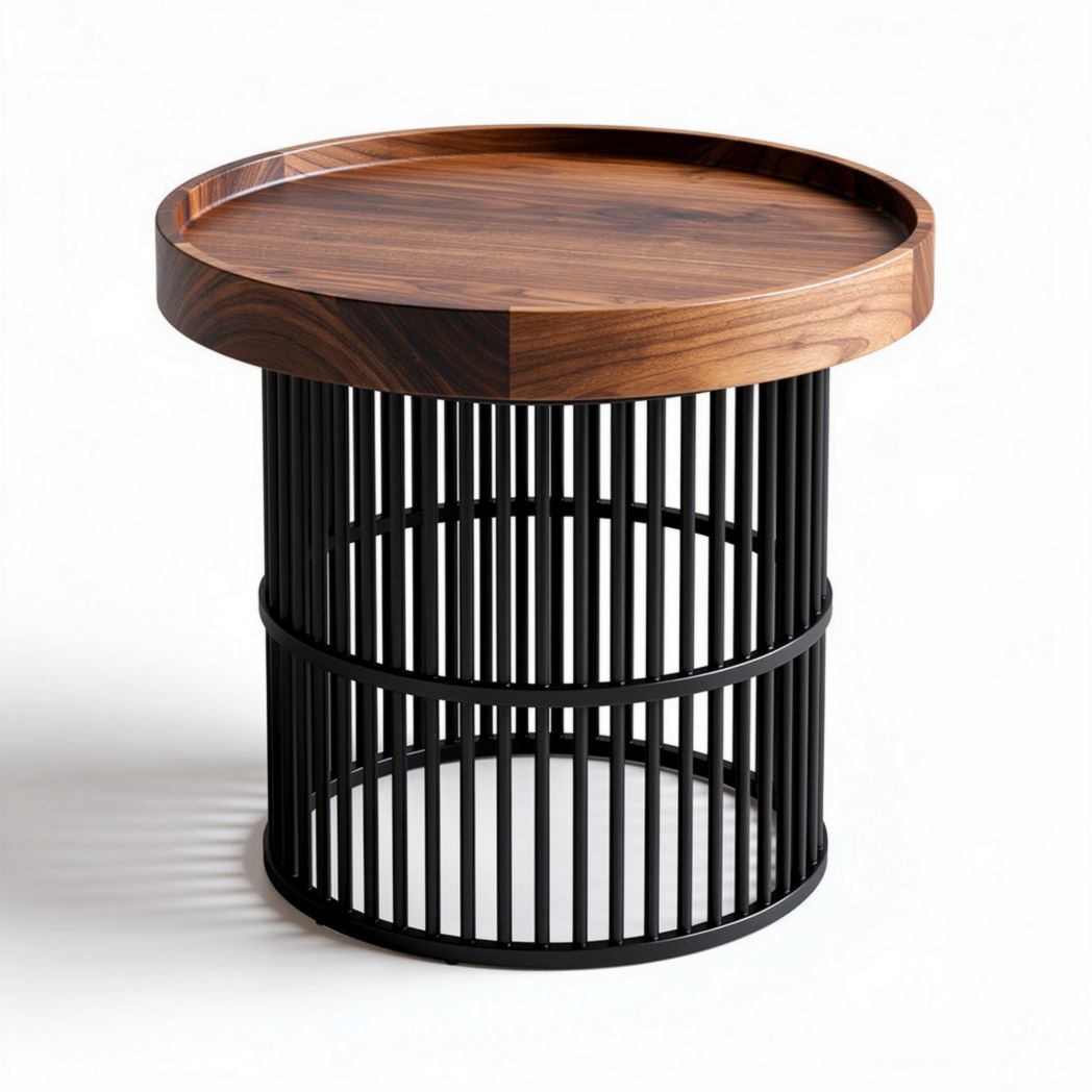 Round wood side table with black metal base 40 x 40 x 50cm
